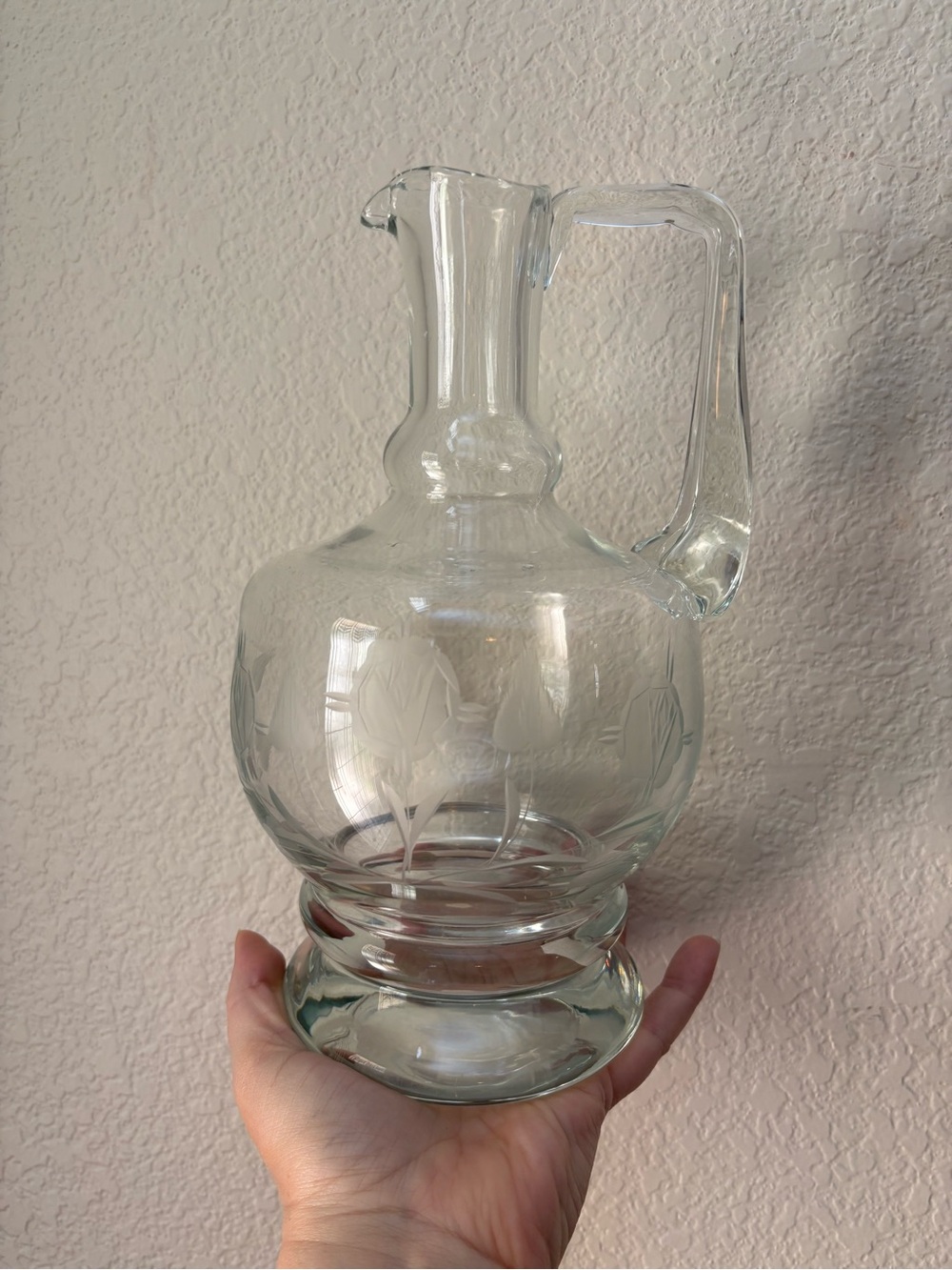 Clear Etched Glass Pitcher - Floral Motif